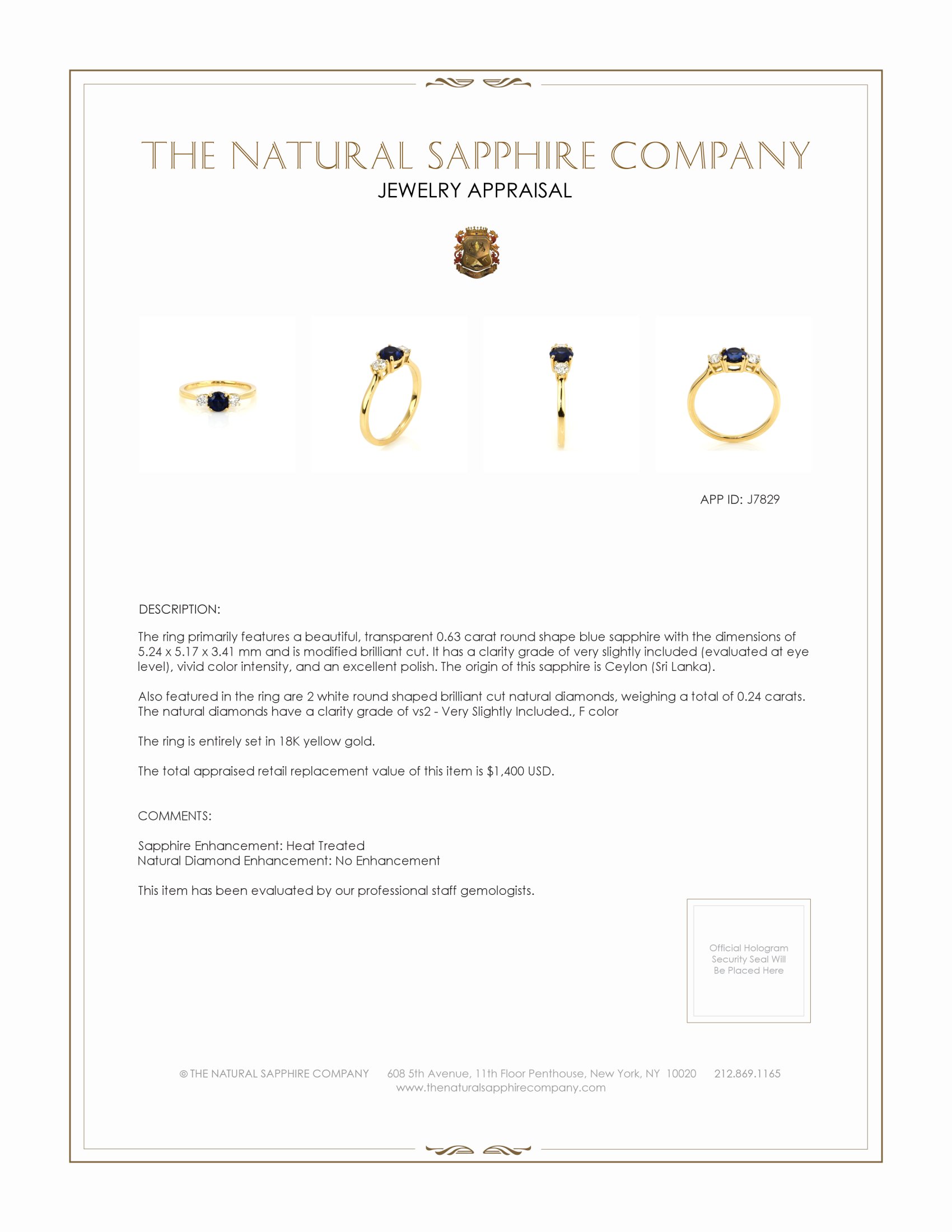 0.63 Ct. Blue Sapphire and Natural Diamond Three Stone Ring, 18K Yellow Gold