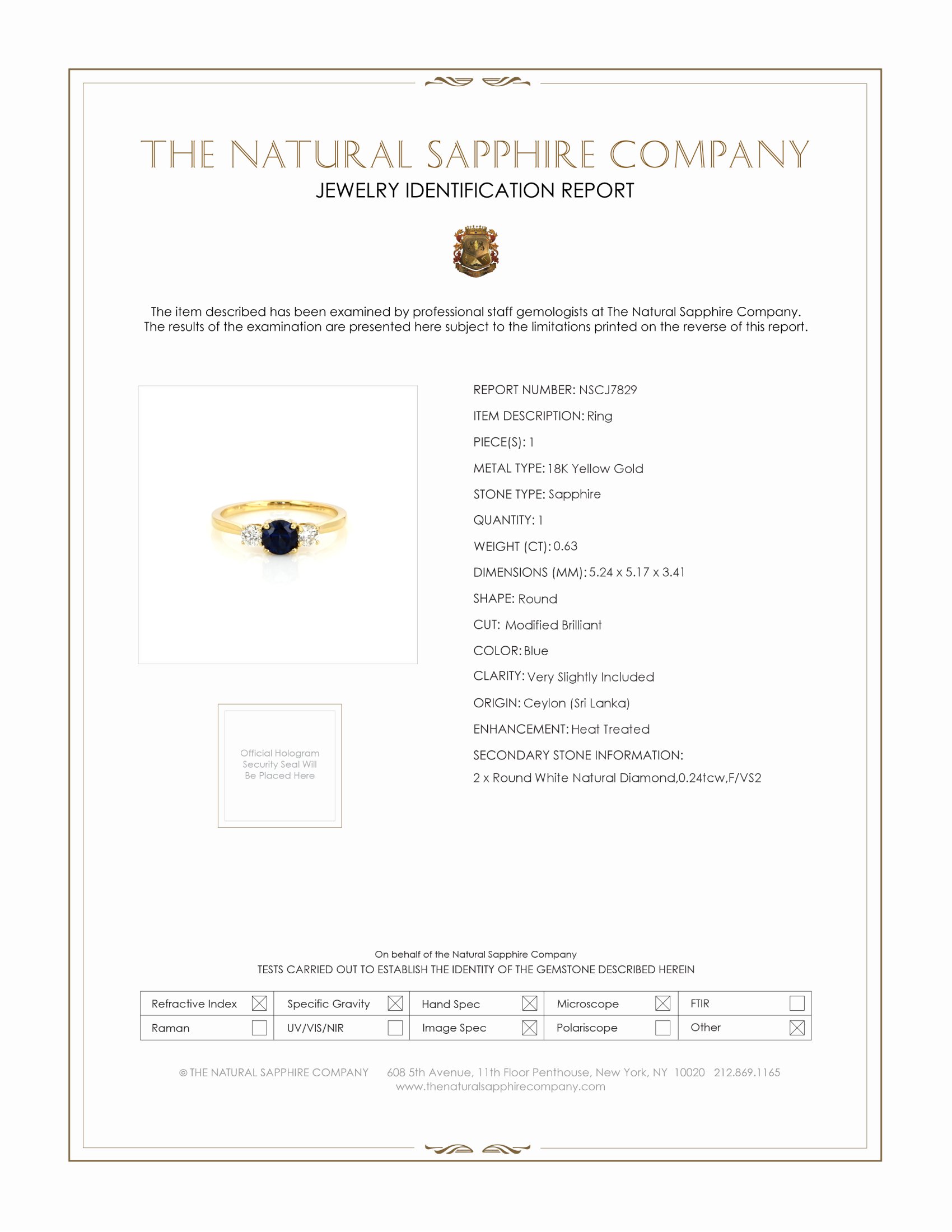 0.63 Ct. Blue Sapphire and Natural Diamond Three Stone Ring, 18K Yellow Gold