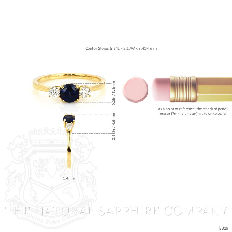 0.63 Ct. Blue Sapphire and Natural Diamond Three Stone Ring, 18K Yellow Gold