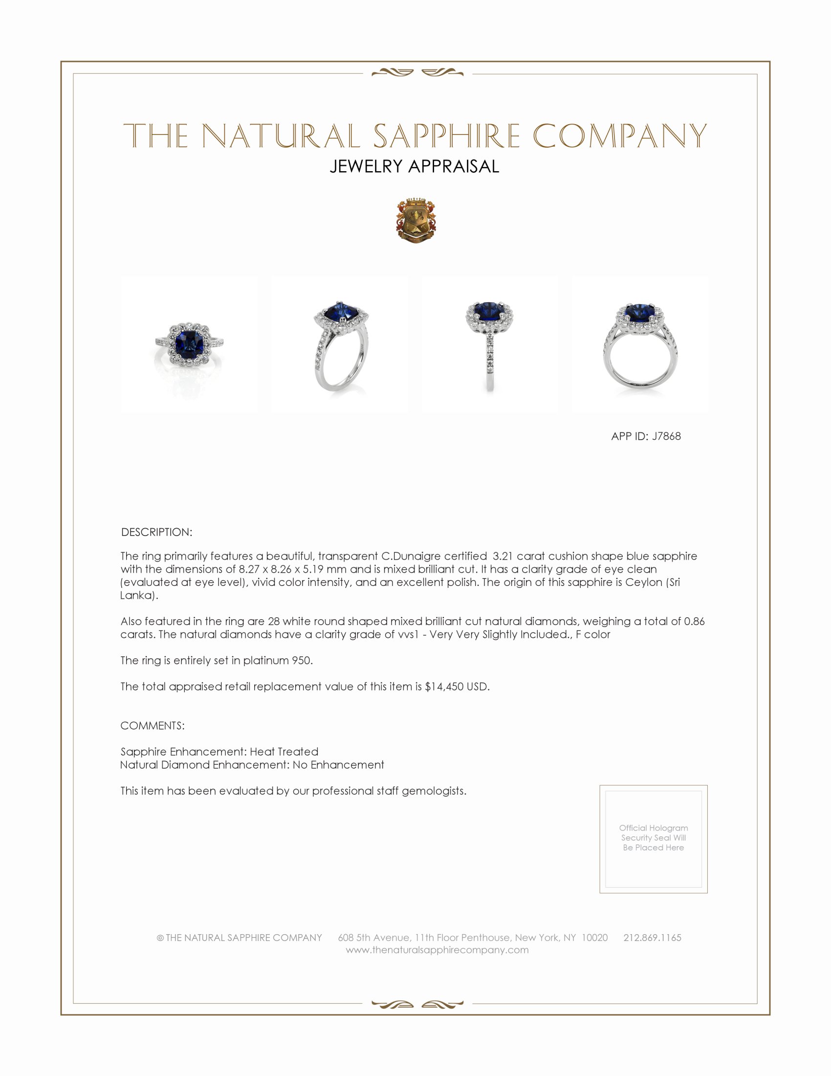 3.21 Ct. Blue Sapphire and Natural Diamond Halo Ring, Platinum 950