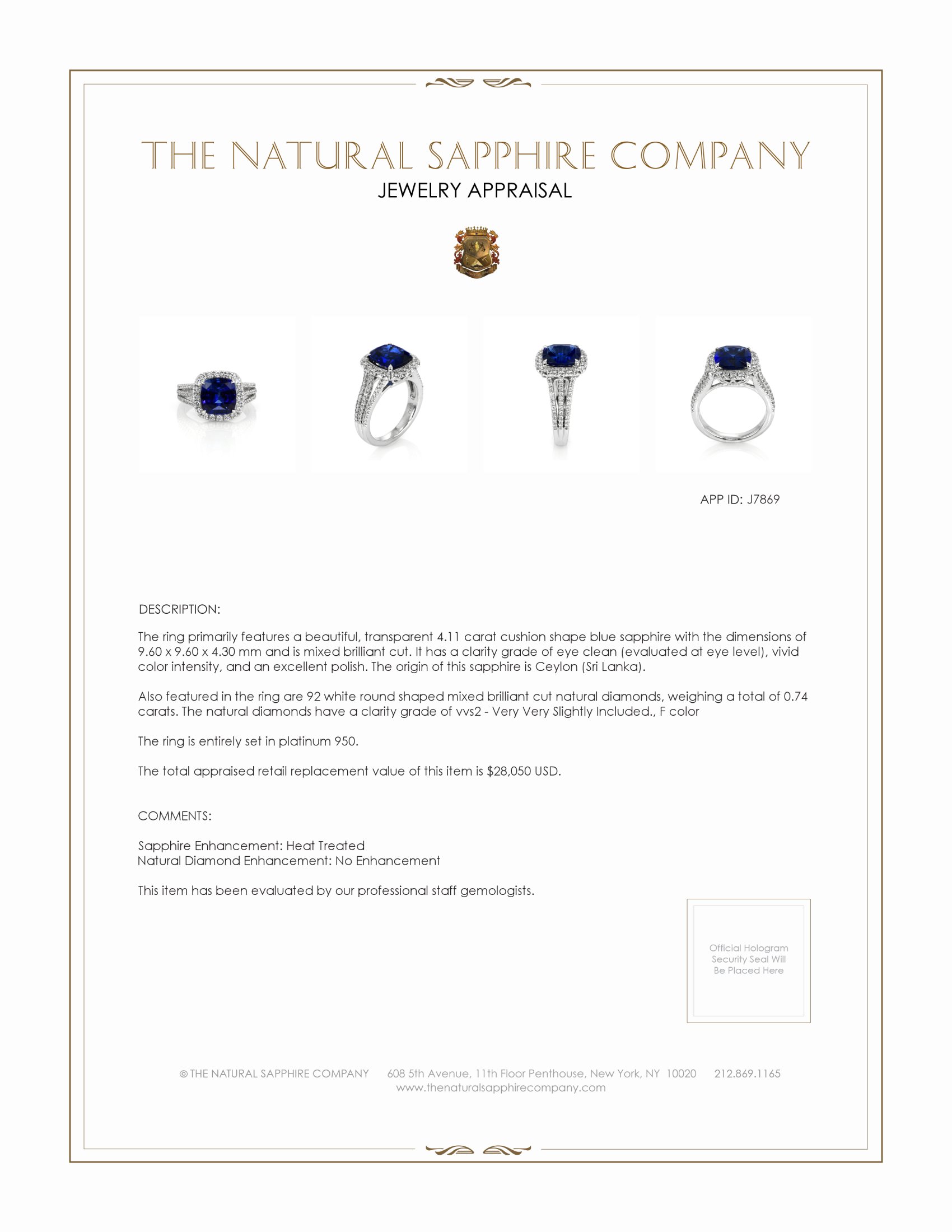 4.11 Ct. Blue Sapphire and Natural Diamond Pave Ring, Platinum 950