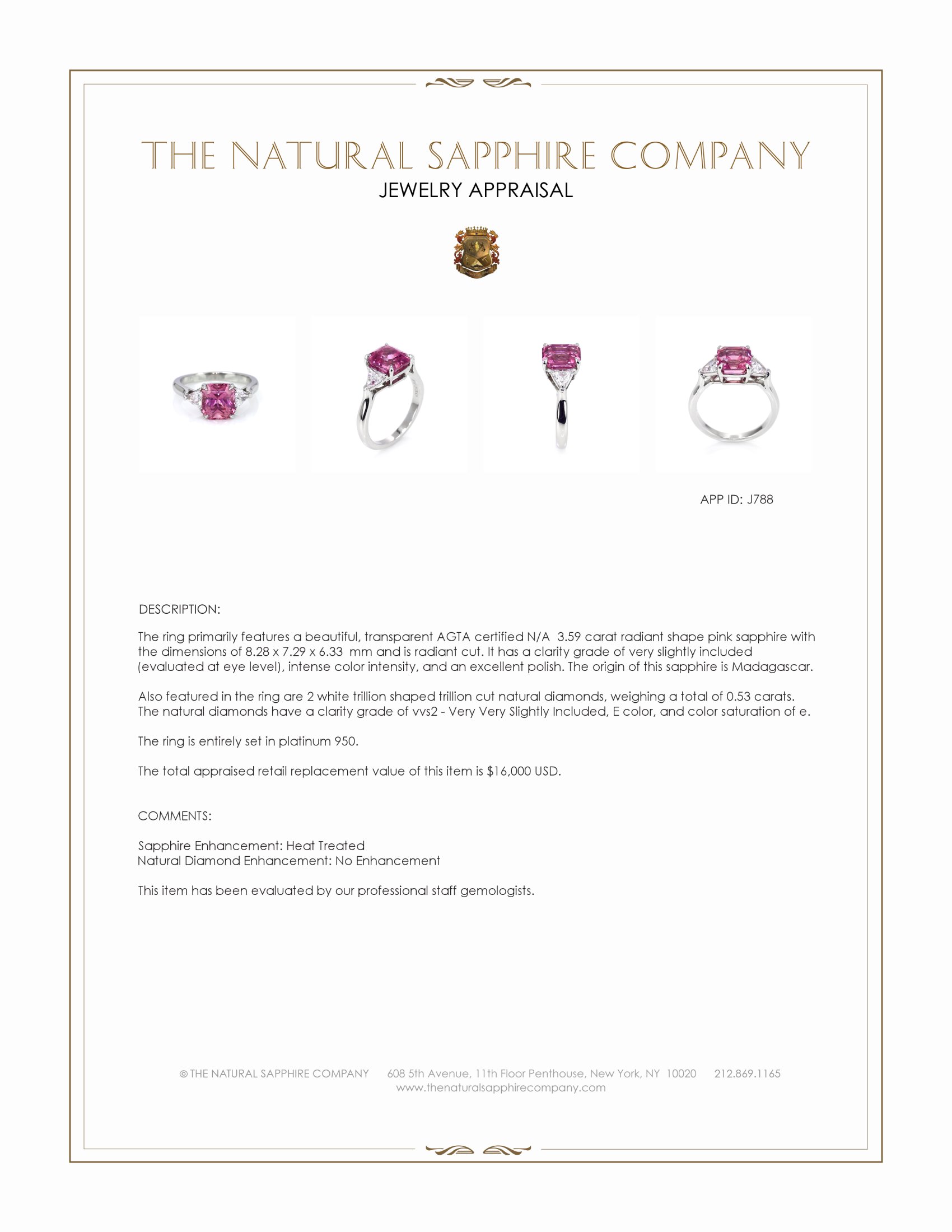 3.59 Ct. Pink Sapphire and Natural Diamond Three Stone Ring, Platinum 950