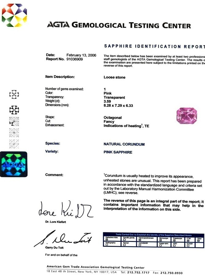 3.59 Ct. Pink Sapphire and Natural Diamond Three Stone Ring, Platinum 950