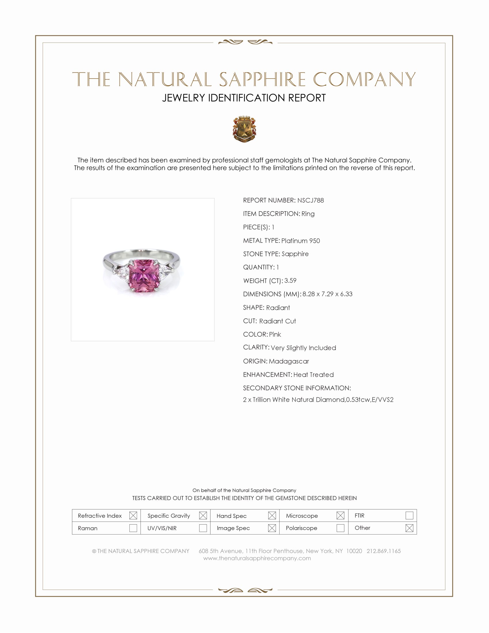 3.59 Ct. Pink Sapphire and Natural Diamond Three Stone Ring, Platinum 950
