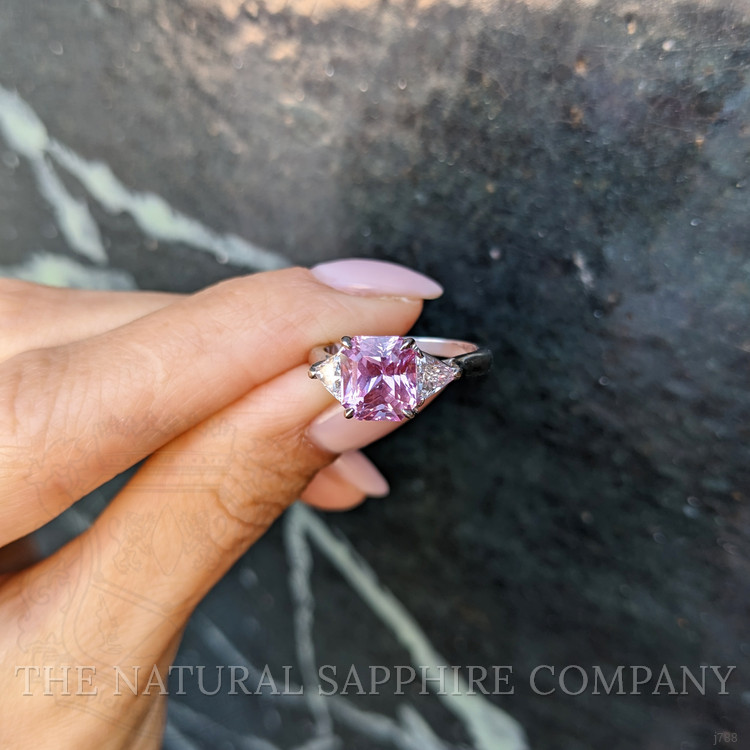 3.59 Ct. Pink Sapphire and Natural Diamond Three Stone Ring, Platinum 950