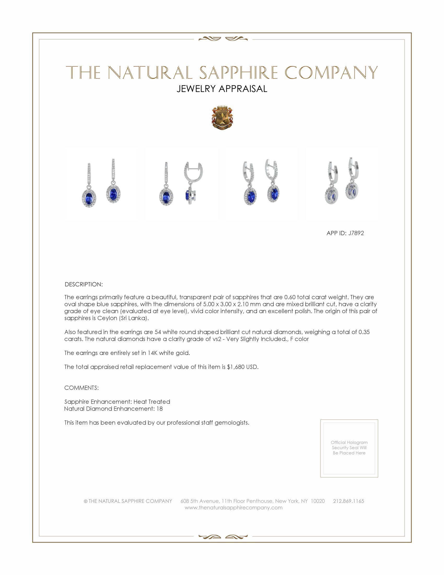 0.60 Ct.Tw. Blue Sapphire and Natural Diamond Pave Earrings, 14K White Gold