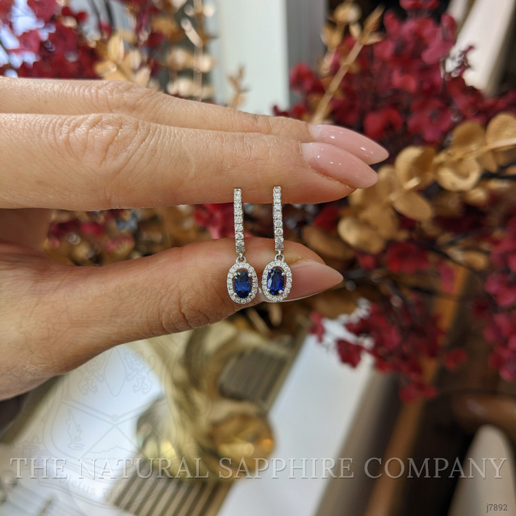 0.60 Ct.Tw. Blue Sapphire and Natural Diamond Pave Earrings, 14K White Gold
