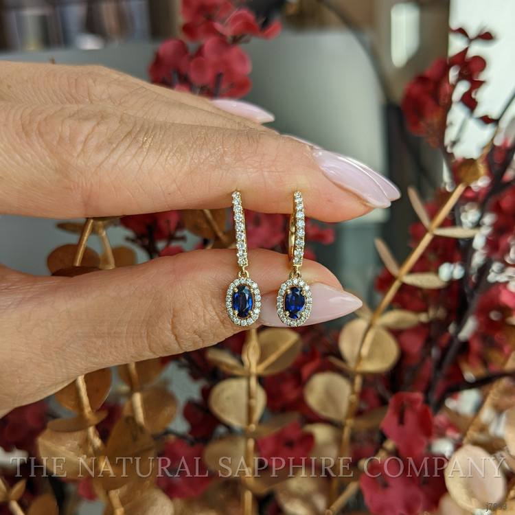 0.60 Ct.Tw. Blue Sapphire and Natural Diamond Pave Earrings, 14K Yellow Gold