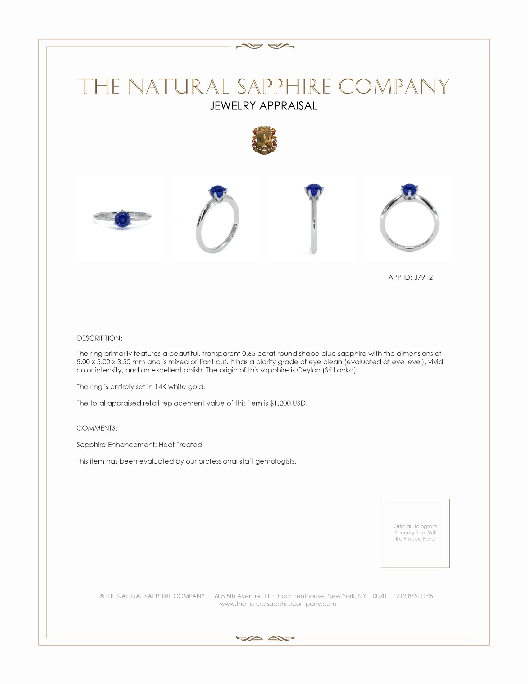 0.65 Ct. Blue Sapphire Solitaire Ring, 14K White Gold