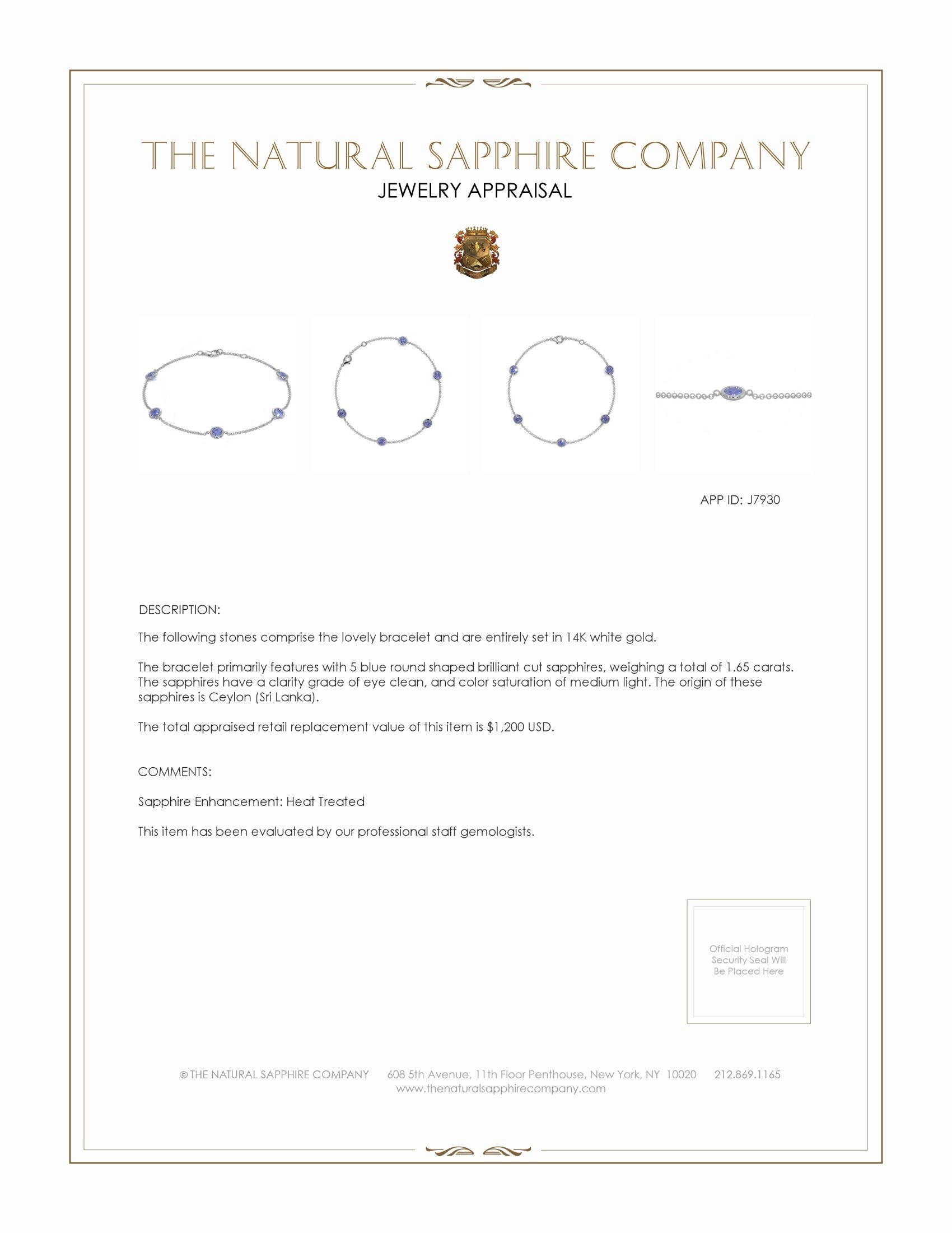 1.65 Ct.Tw. Blue Sapphire Bezel Bracelet, 14K White Gold