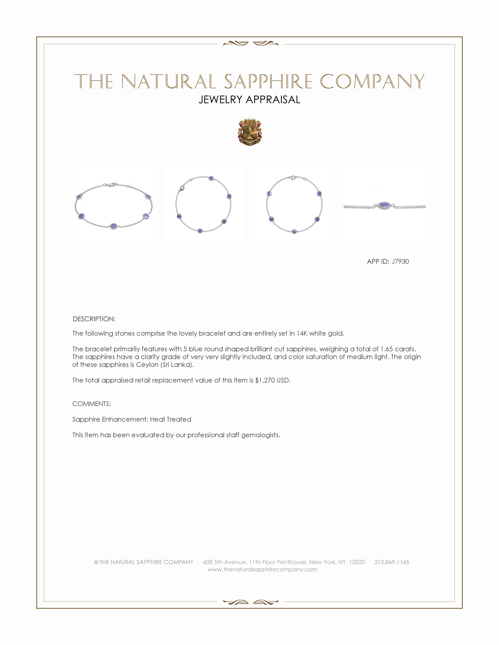 1.65 Ct.Tw. Blue Sapphire Bezel Bracelet, 14K White Gold