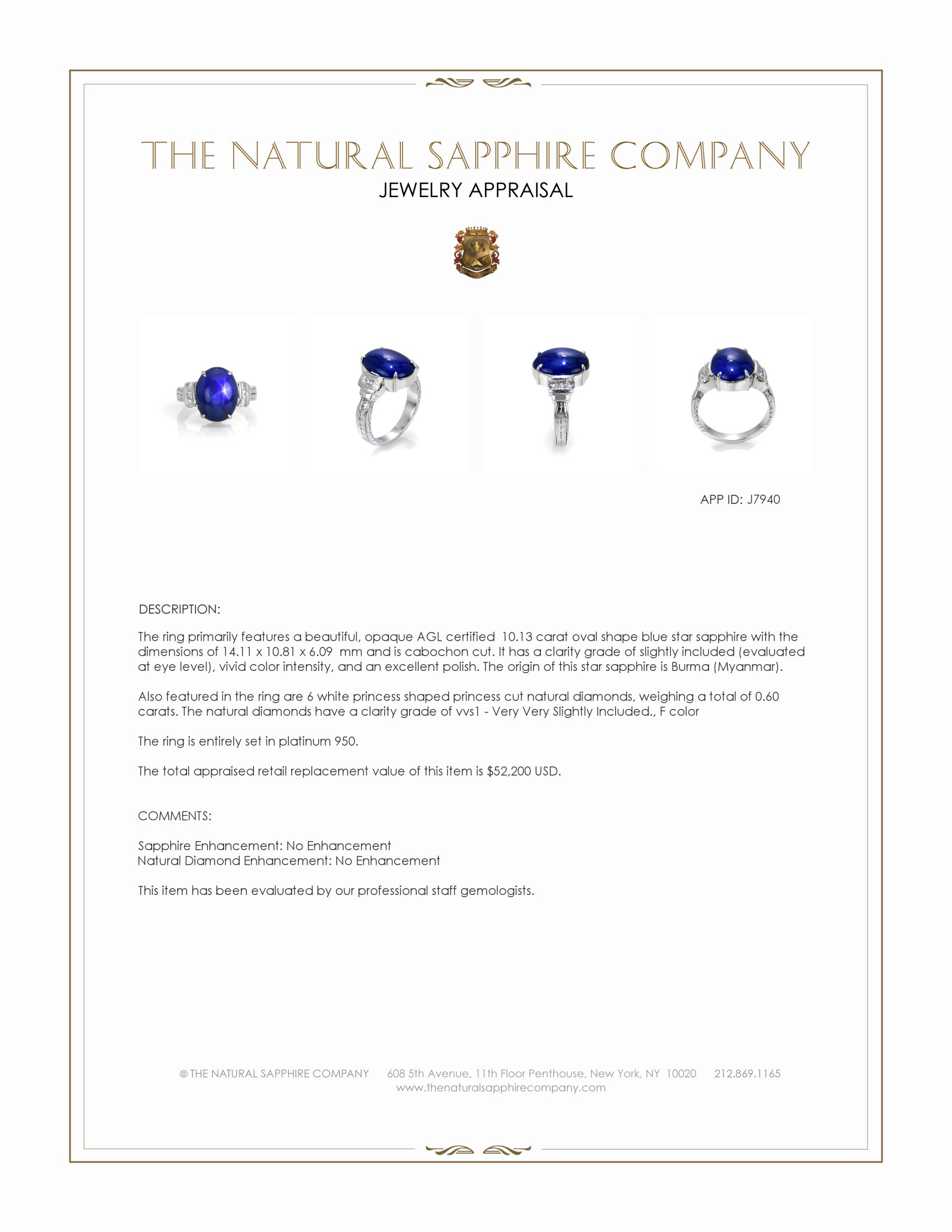 10.13 Ct. Blue Sapphire and Natural Diamond Antique Style Ring, Platinum 950
