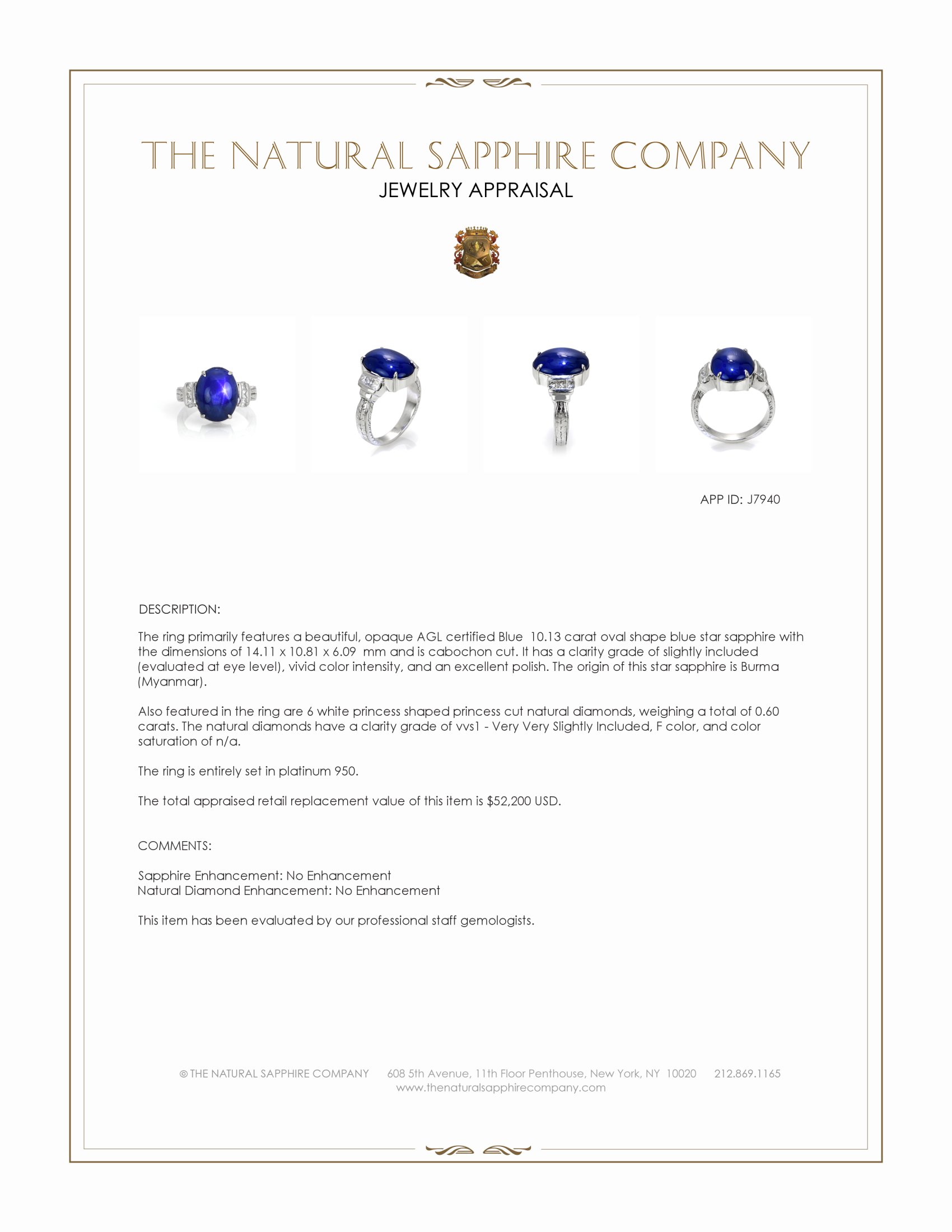 10.13 Ct. Blue Sapphire and Natural Diamond Antique Style Ring, Platinum 950