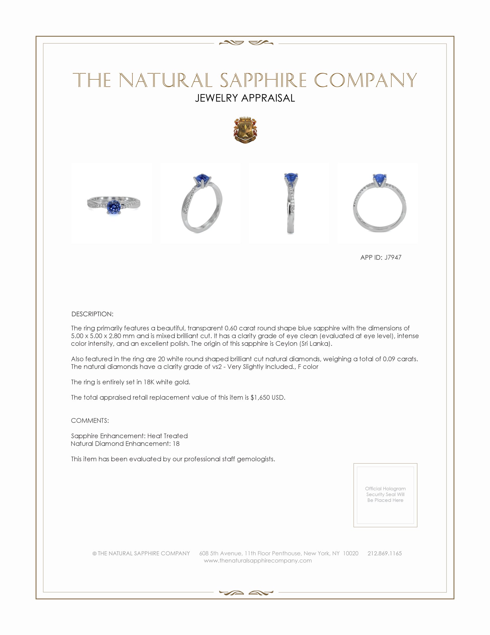 0.60 Ct. Blue Sapphire and Natural Diamond Pave Ring, 18K White Gold