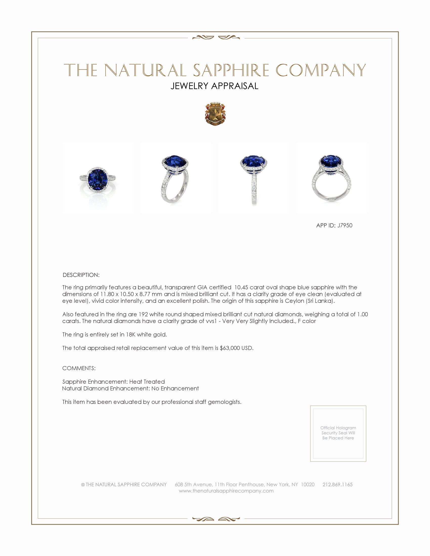 10.45 Ct. Blue Sapphire and Natural Diamond Pave Ring, 18K White Gold