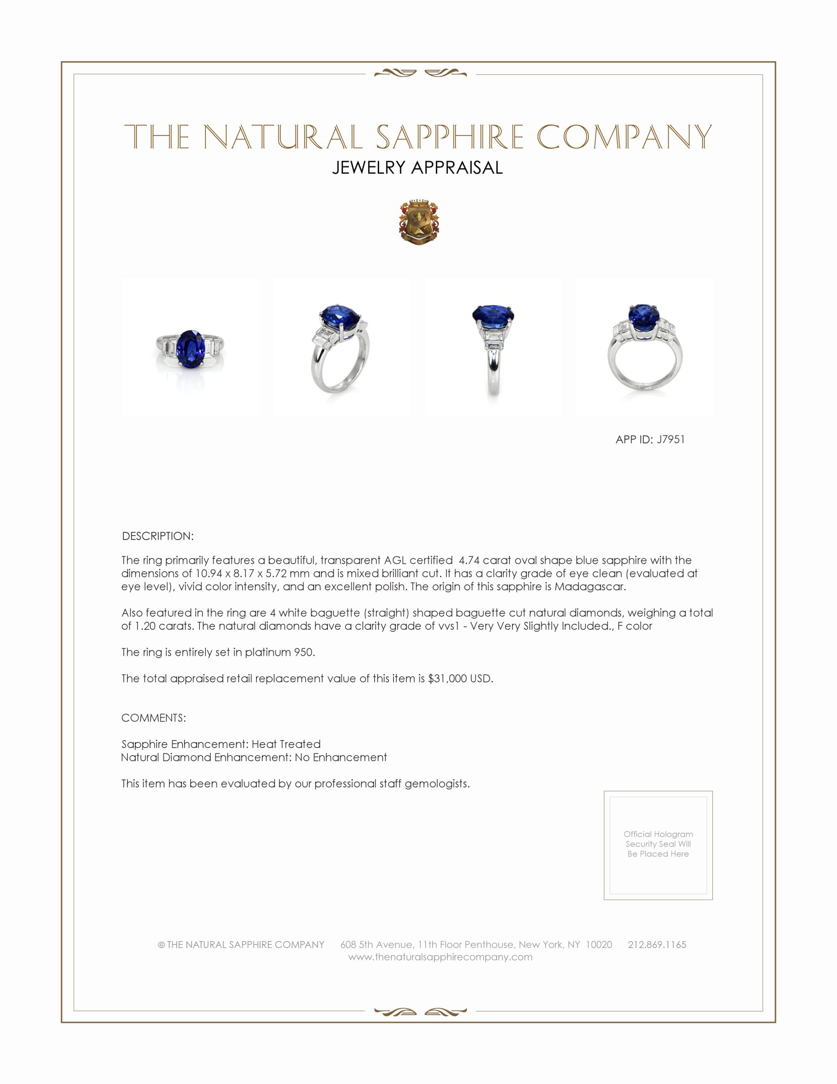 4.74 Ct. Blue Sapphire and Natural Diamond Three Stone Ring, Platinum 950