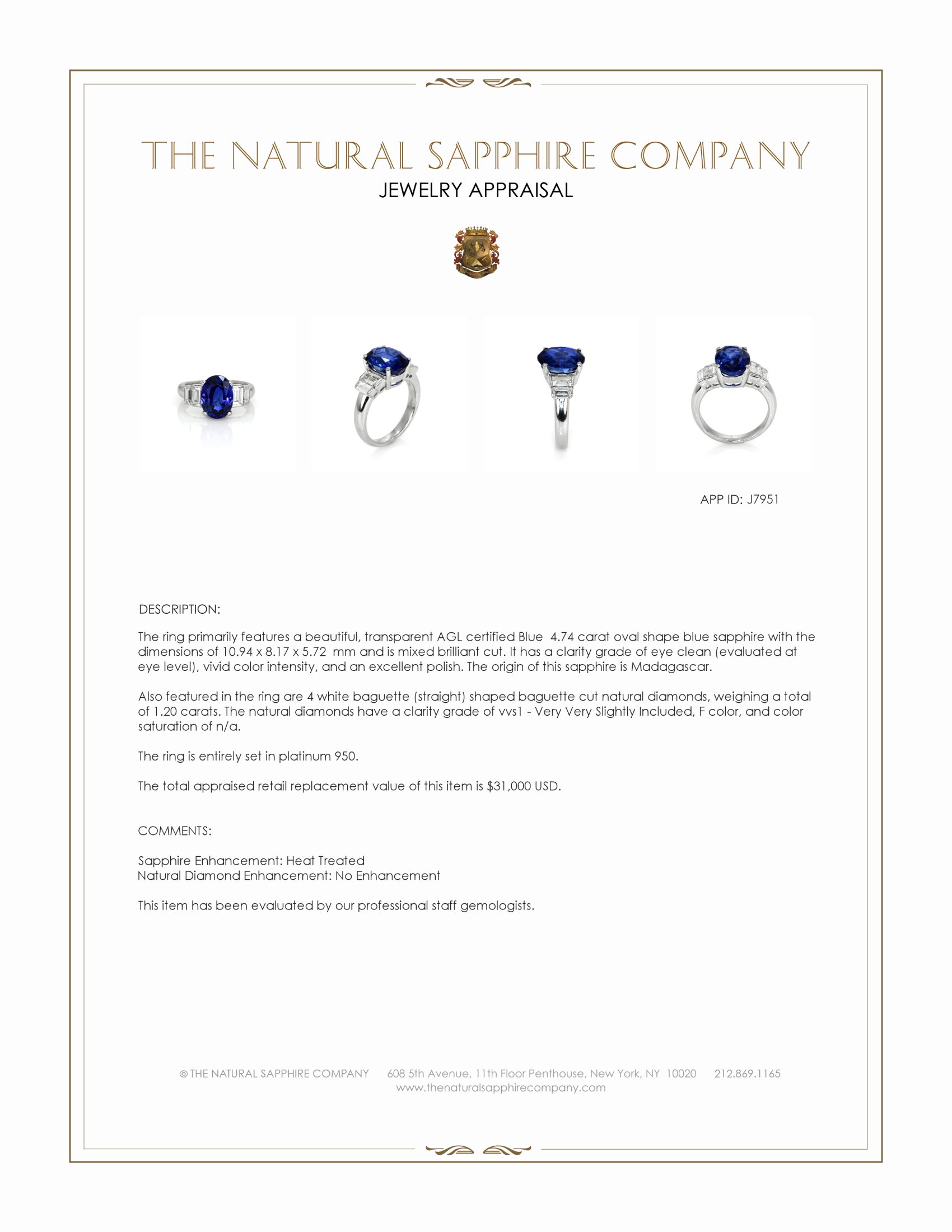 4.74 Ct. Blue Sapphire and Natural Diamond Three Stone Ring, Platinum 950