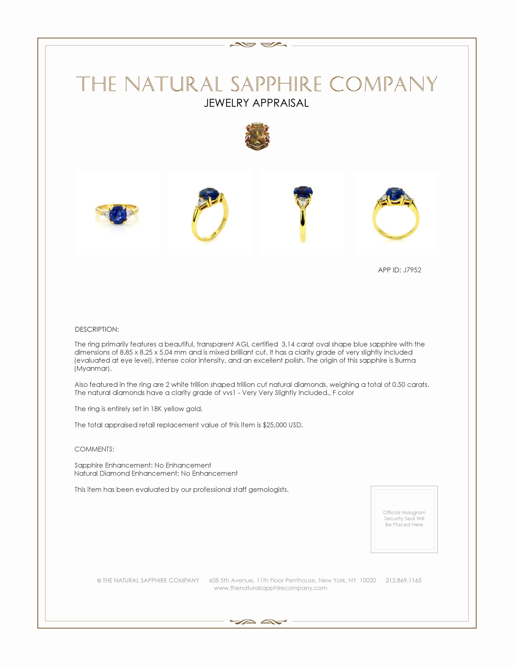 3.14 Ct. Blue Sapphire and Natural Diamond Three Stone Ring, 18K Yellow Gold