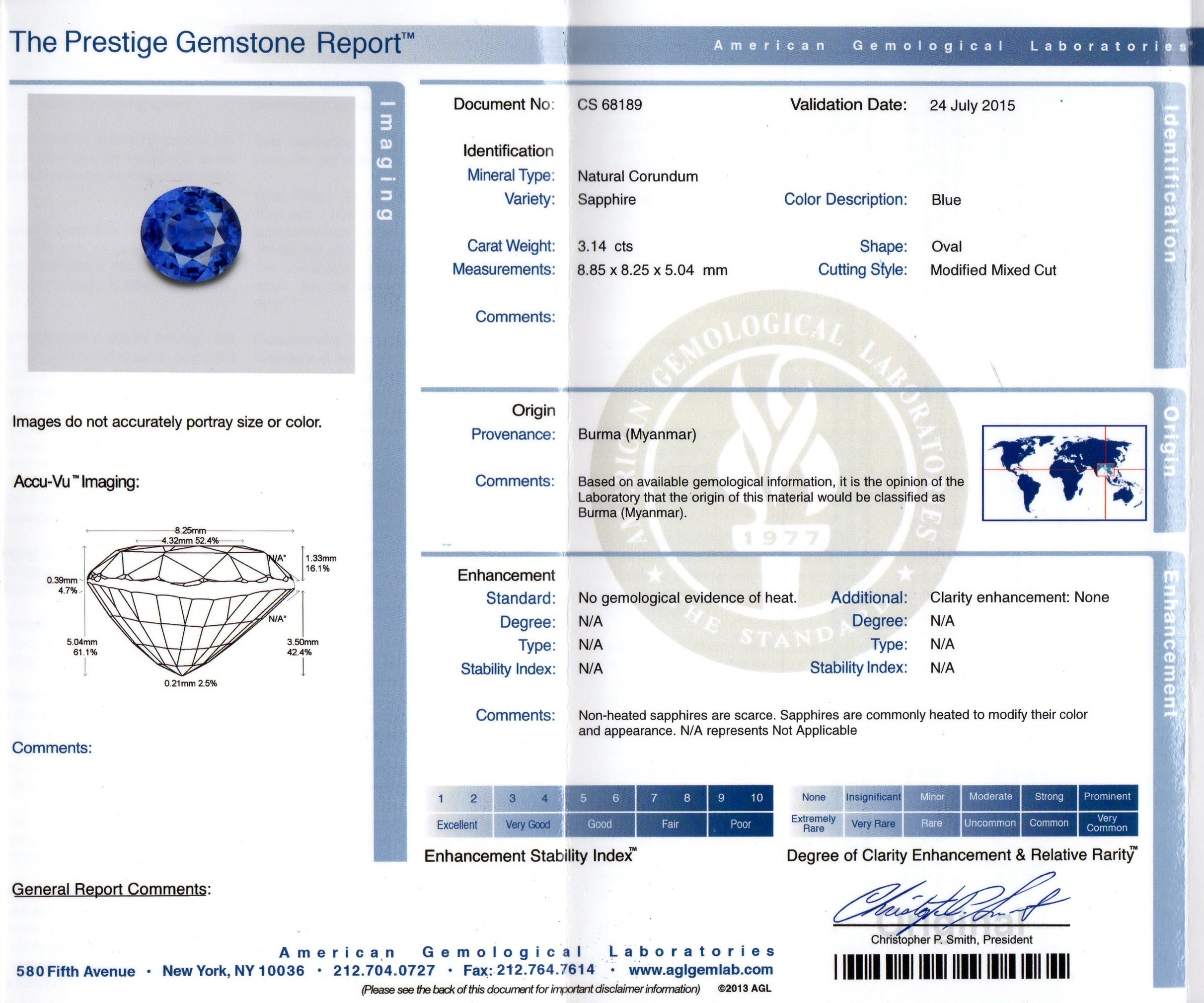 3.14 Ct. Blue Sapphire and Natural Diamond Three Stone Ring, 18K Yellow Gold