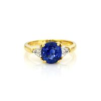 3.14 Ct. Blue Sapphire and Natural Diamond Three Stone Ring, 18K Yellow Gold Video