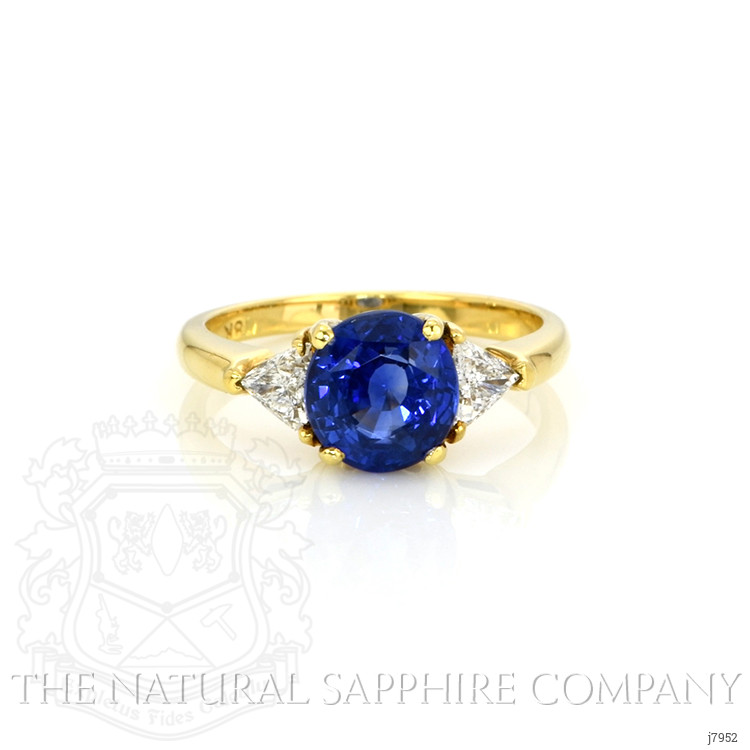 3.14 Ct. Blue Sapphire and Natural Diamond Three Stone Ring, 18K Yellow Gold