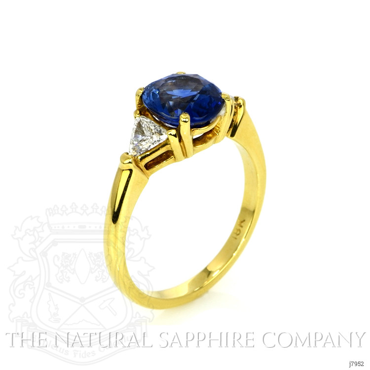 3.14 Ct. Blue Sapphire and Natural Diamond Three Stone Ring, 18K Yellow Gold