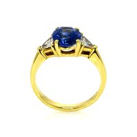 3.14 Ct. Blue Sapphire and Natural Diamond Three Stone Ring, 18K Yellow Gold Image