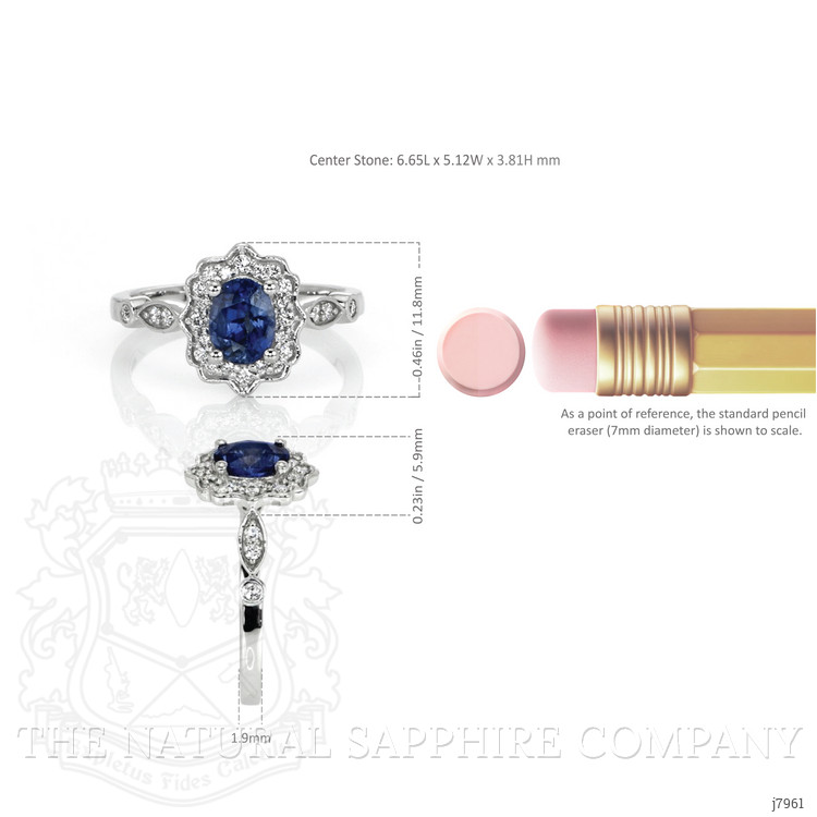 1.06 Ct. Blue Sapphire and Natural Diamond Antique Style Ring, 14K White Gold