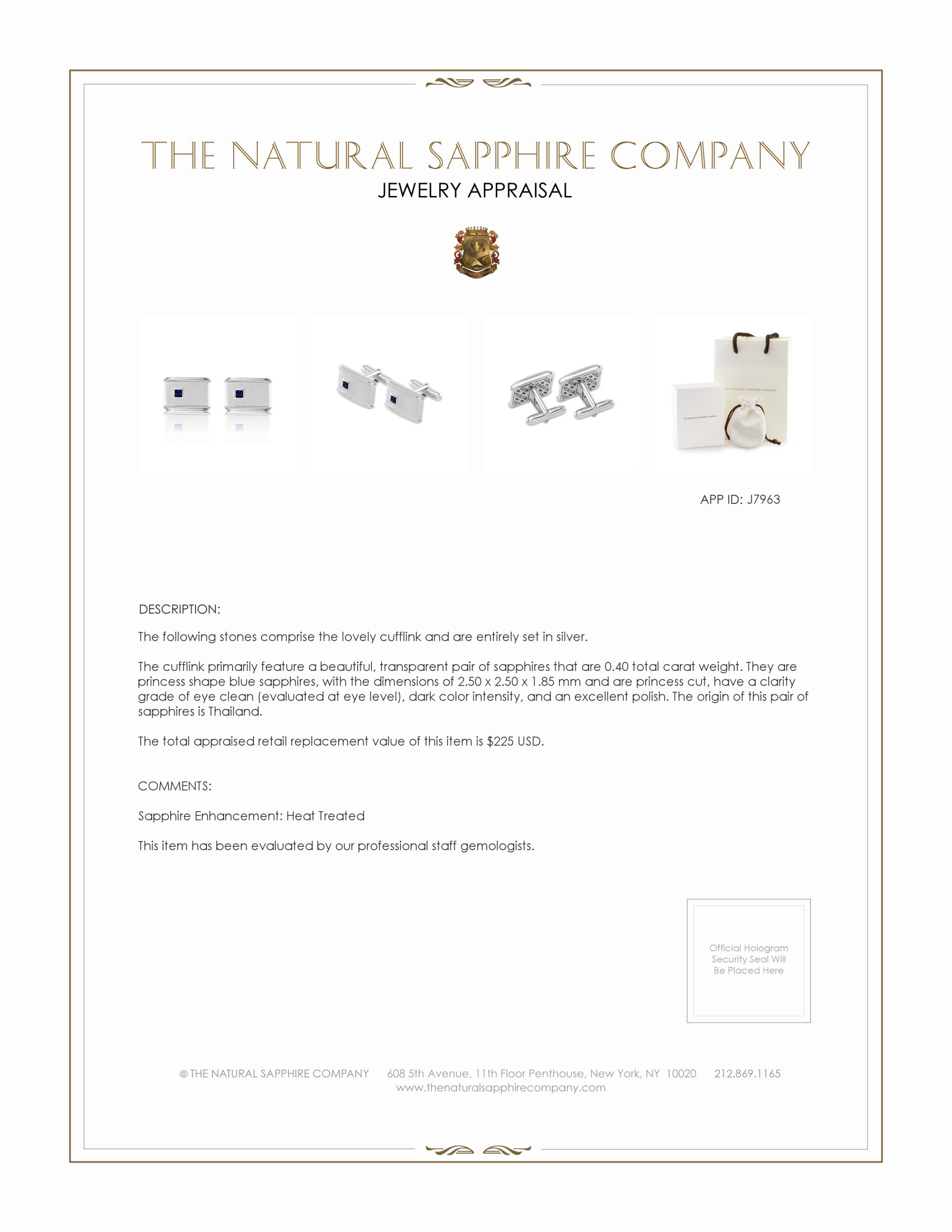 0.40 Ct. Blue Sapphire Solitaire Cufflink, Silver