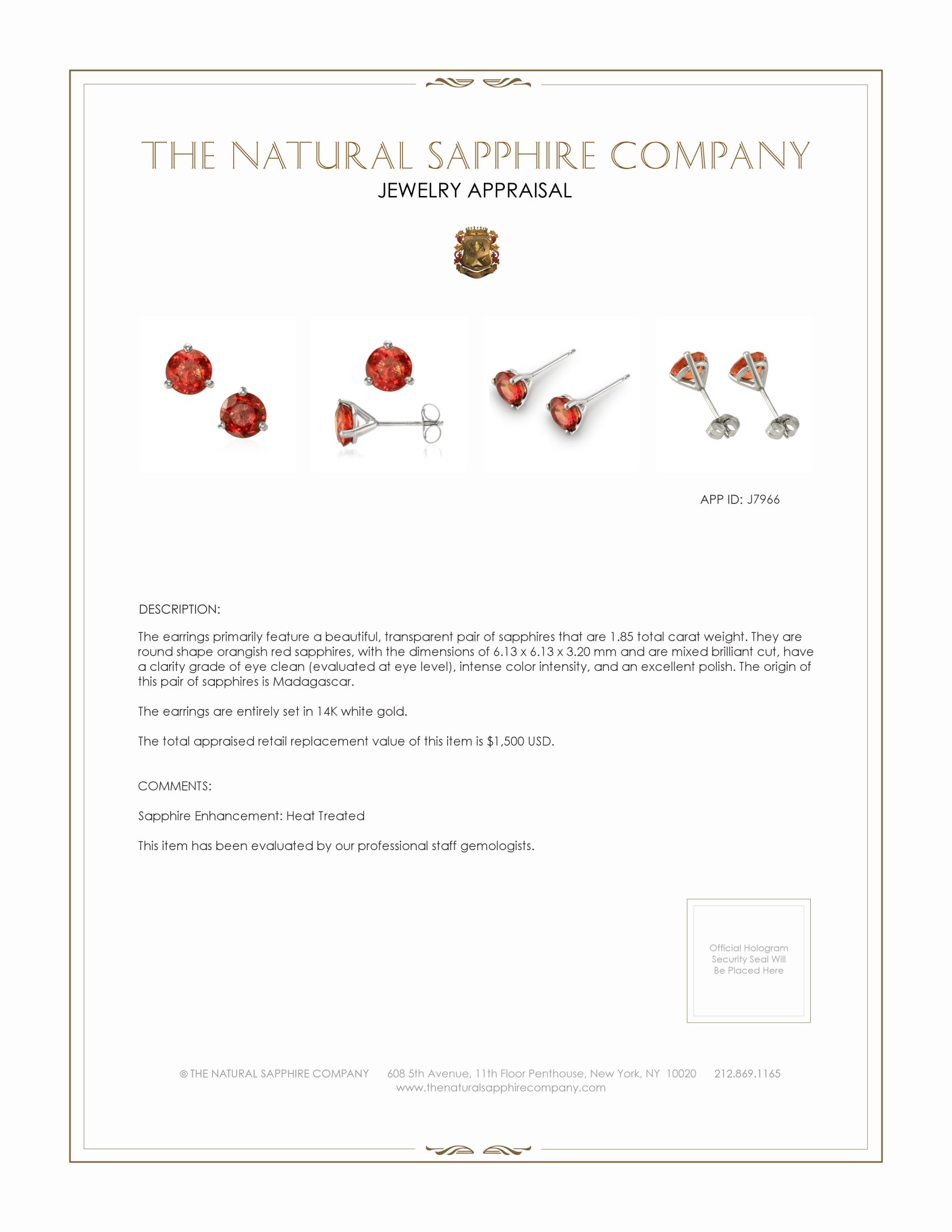 1.85 Ct.Tw. Reddish Orange Sapphire Studs Earrings, 14K White Gold