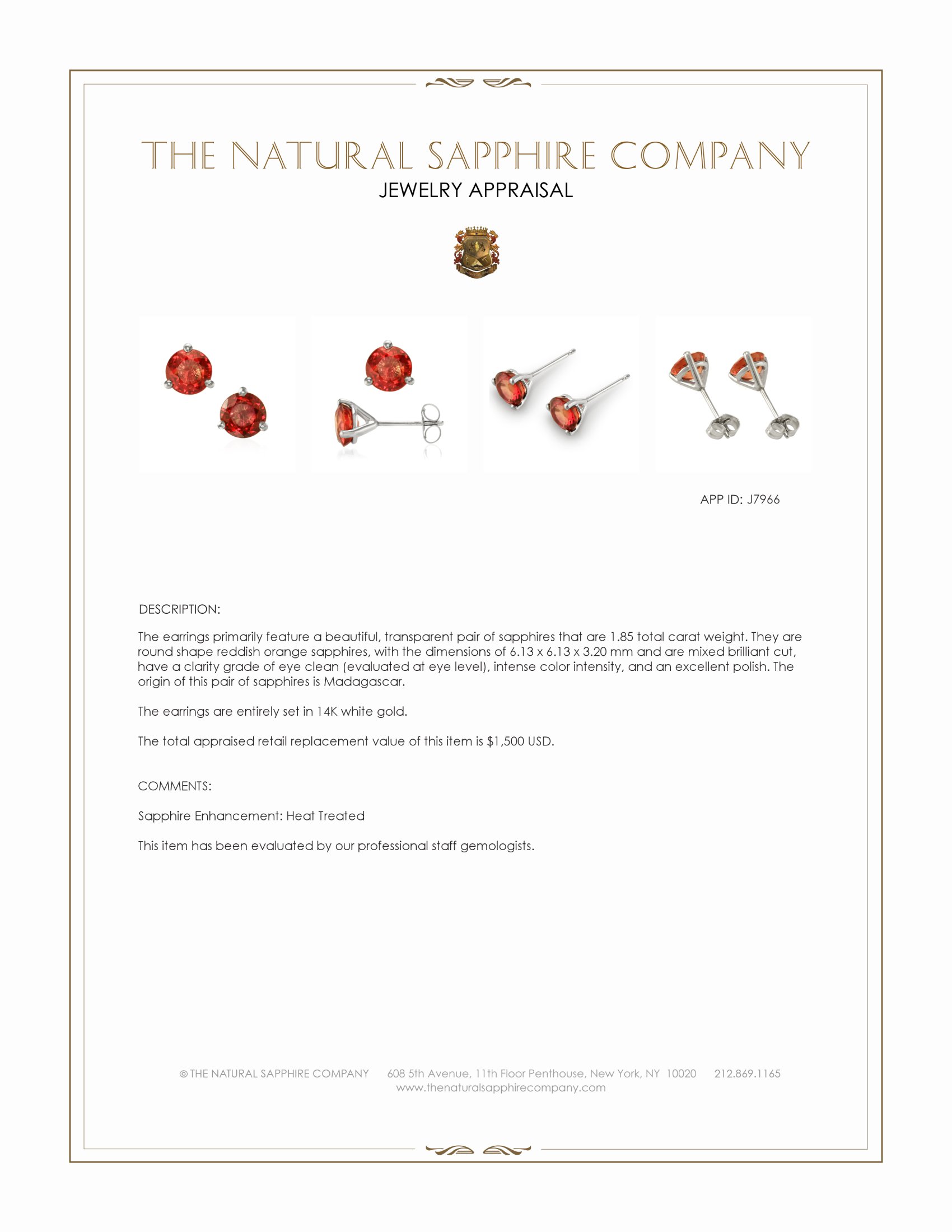 1.85 Ct.Tw. Reddish Orange Sapphire Studs Earrings, 14K White Gold