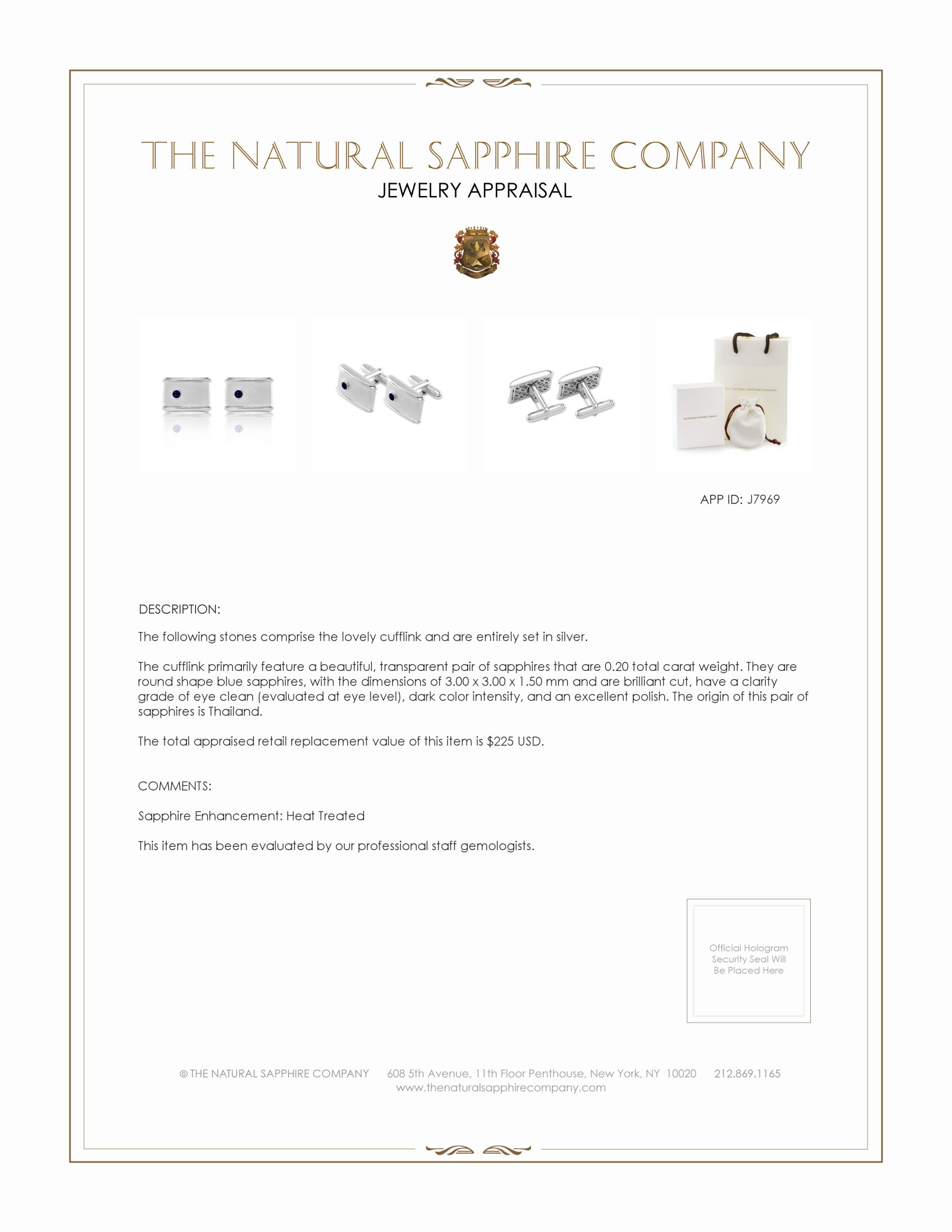 0.20 Ct. Blue Sapphire Solitaire Cufflink, Silver