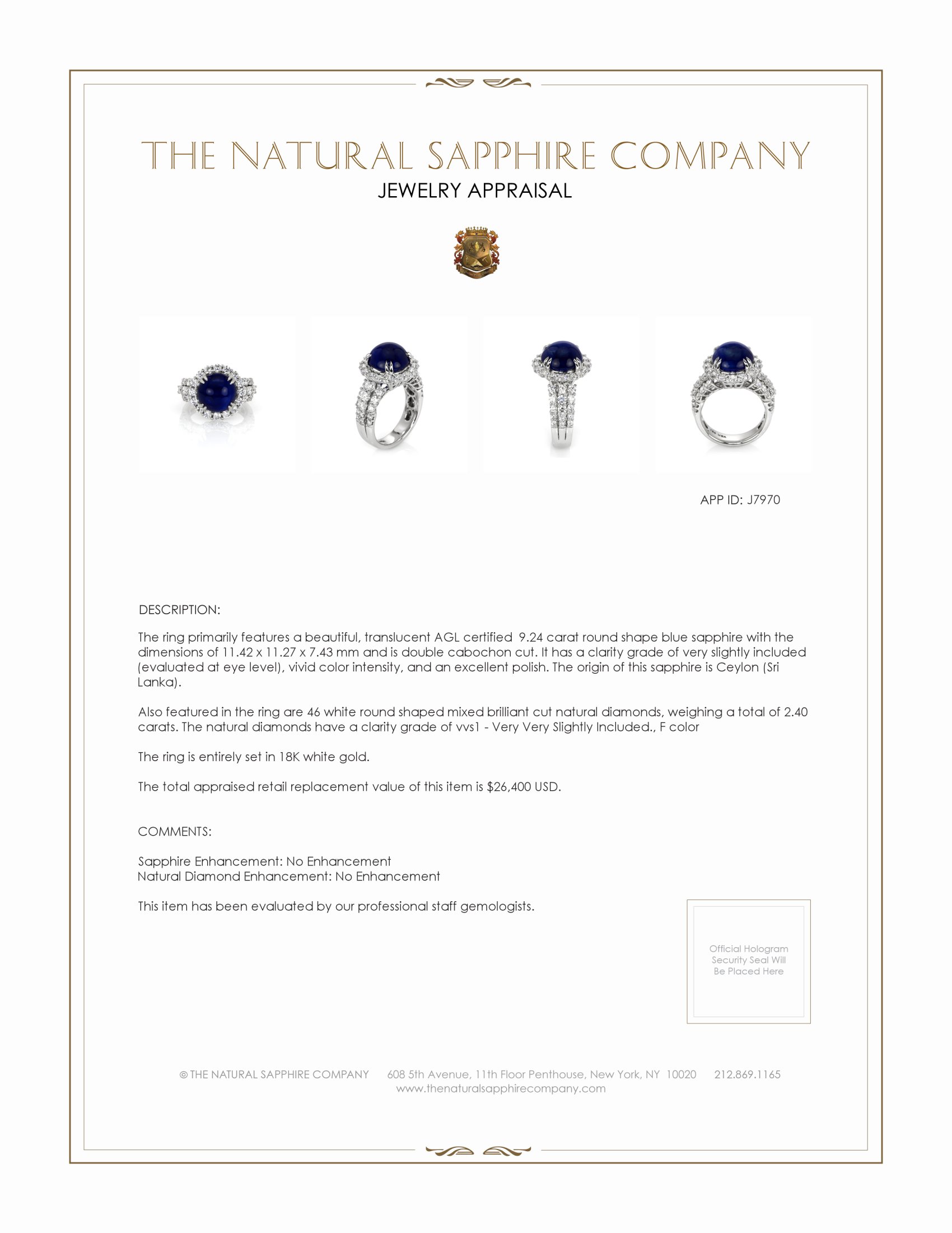 9.24 Ct. Blue Sapphire and Natural Diamond Antique Style Ring, 18K White Gold