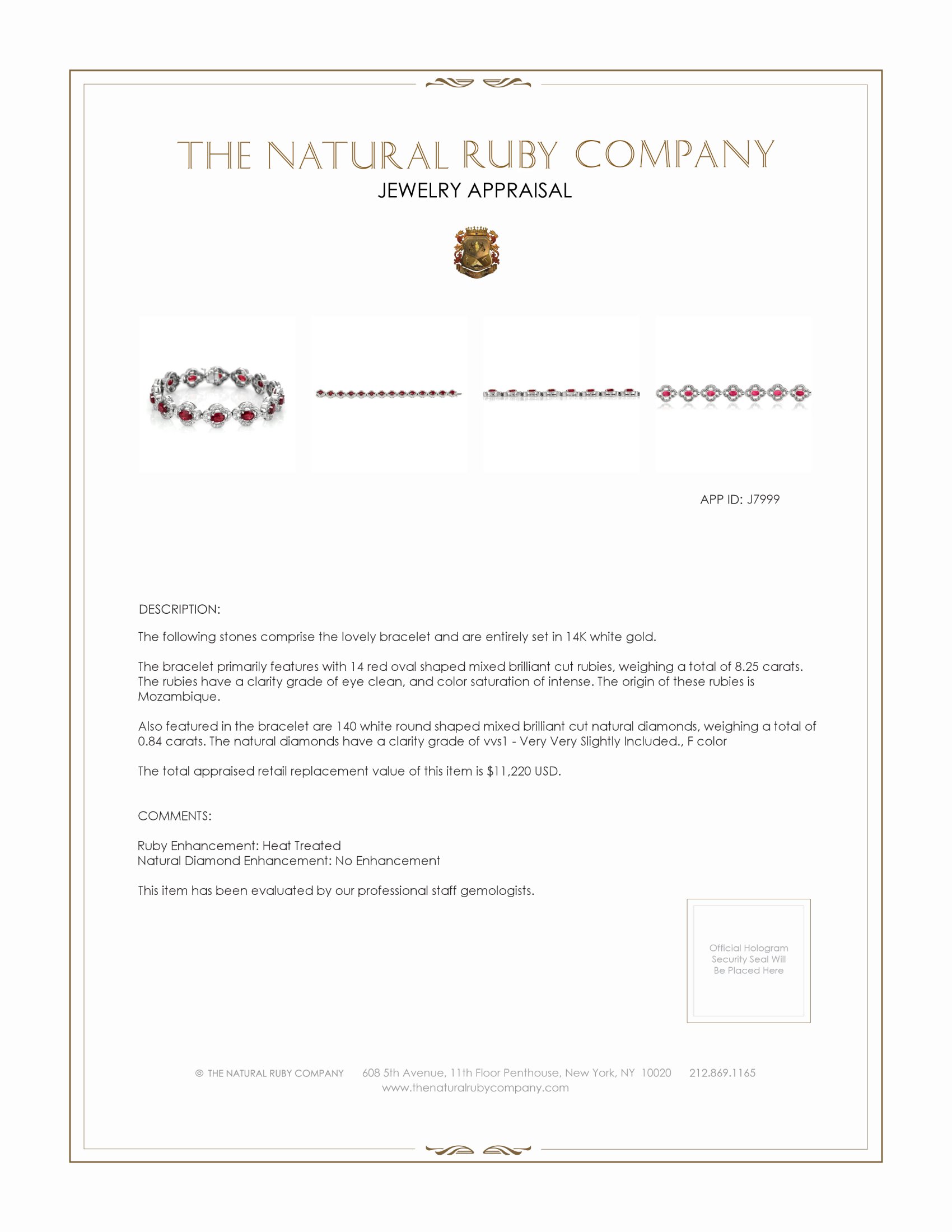 8.25 Ct.Tw. Ruby Natural Diamond Antique Style Bracelet, 14K White Gold