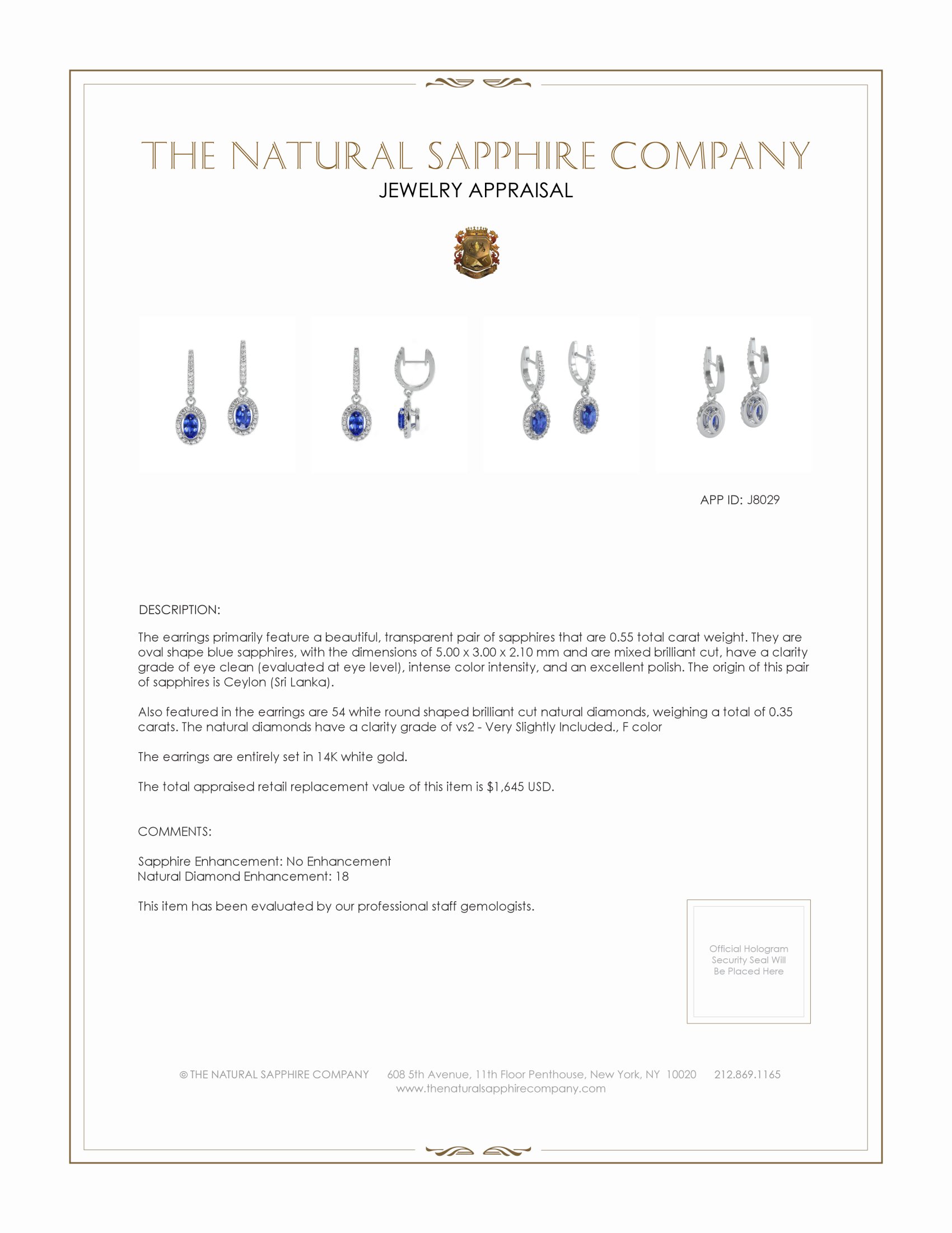 0.55 Ct.Tw. Blue Sapphire and Natural Diamond Pave Earrings, 14K White Gold