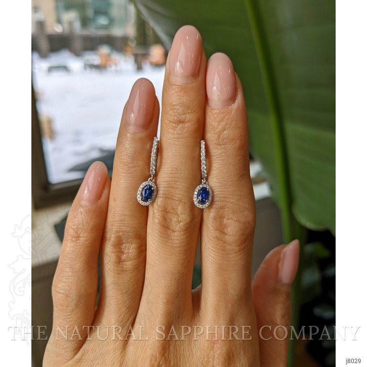 0.55 Ct.Tw. Blue Sapphire and Natural Diamond Pave Earrings, 14K White Gold