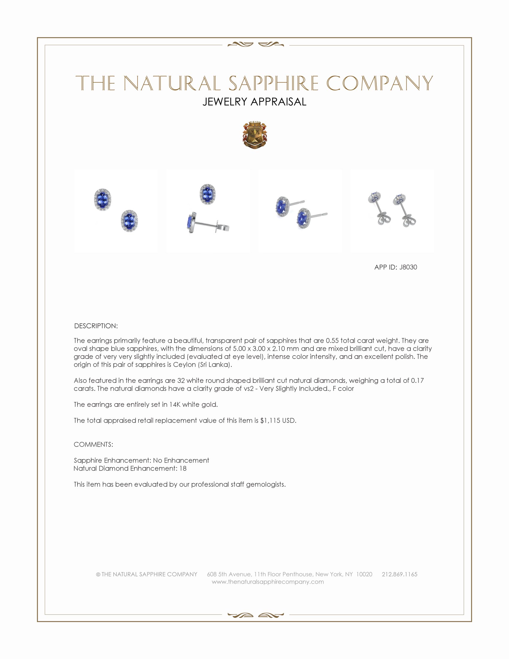 0.67 Ct.Tw. Blue Sapphire and Natural Diamond Studs Earrings, 14K White Gold