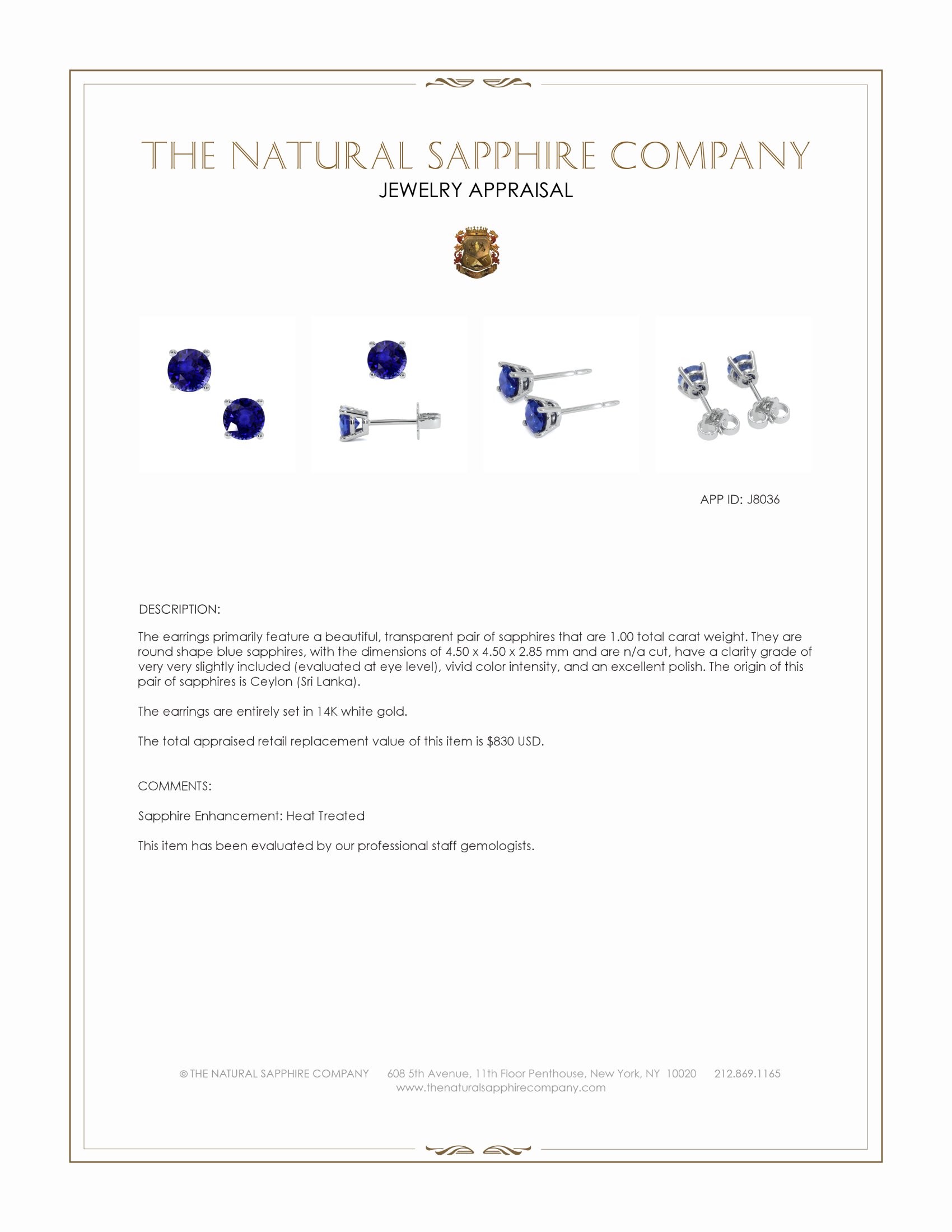 1.00 Ct.Tw. Blue Sapphire Studs Earrings, 14K White Gold