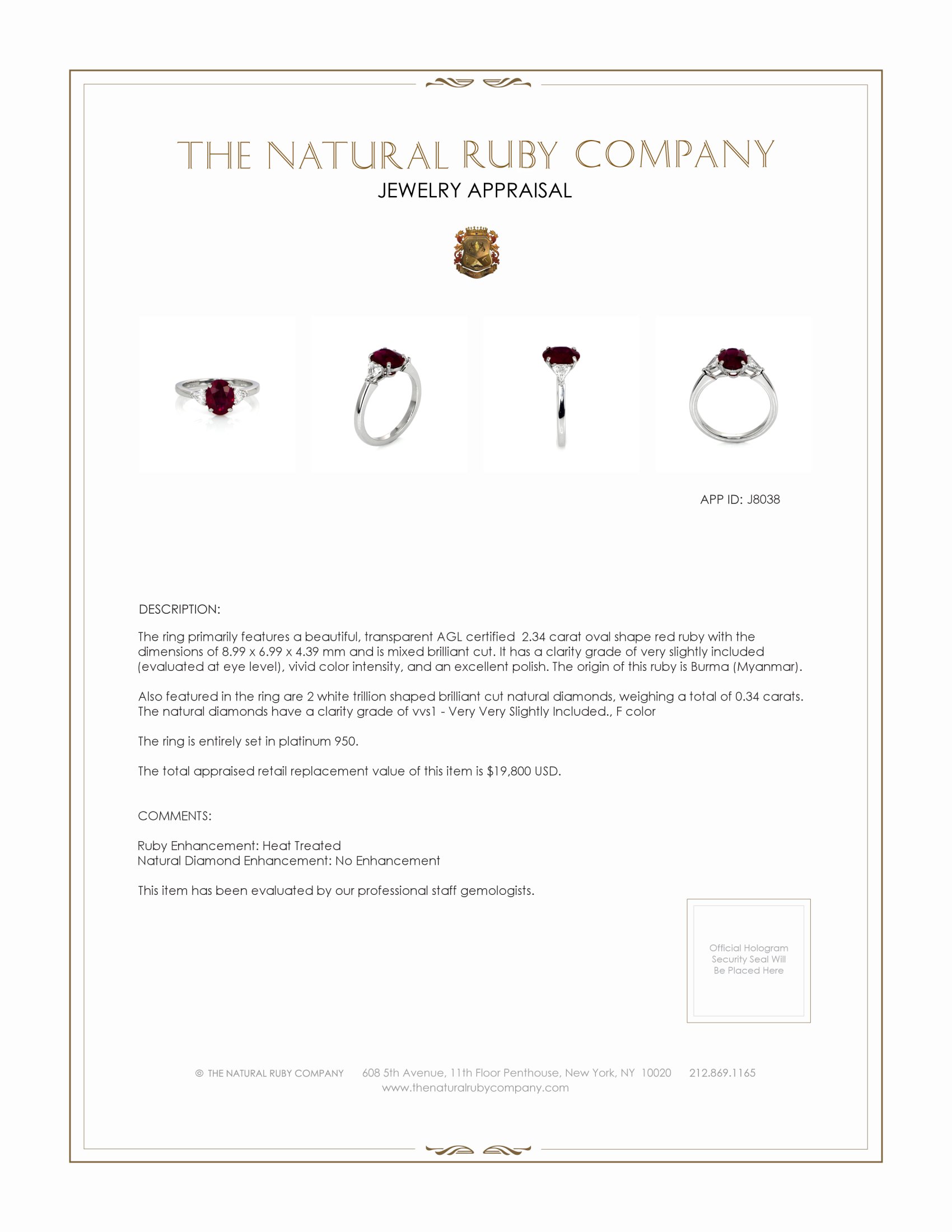 2.34 Ct. Ruby and Natural Diamond Three Stone Ring, Platinum 950