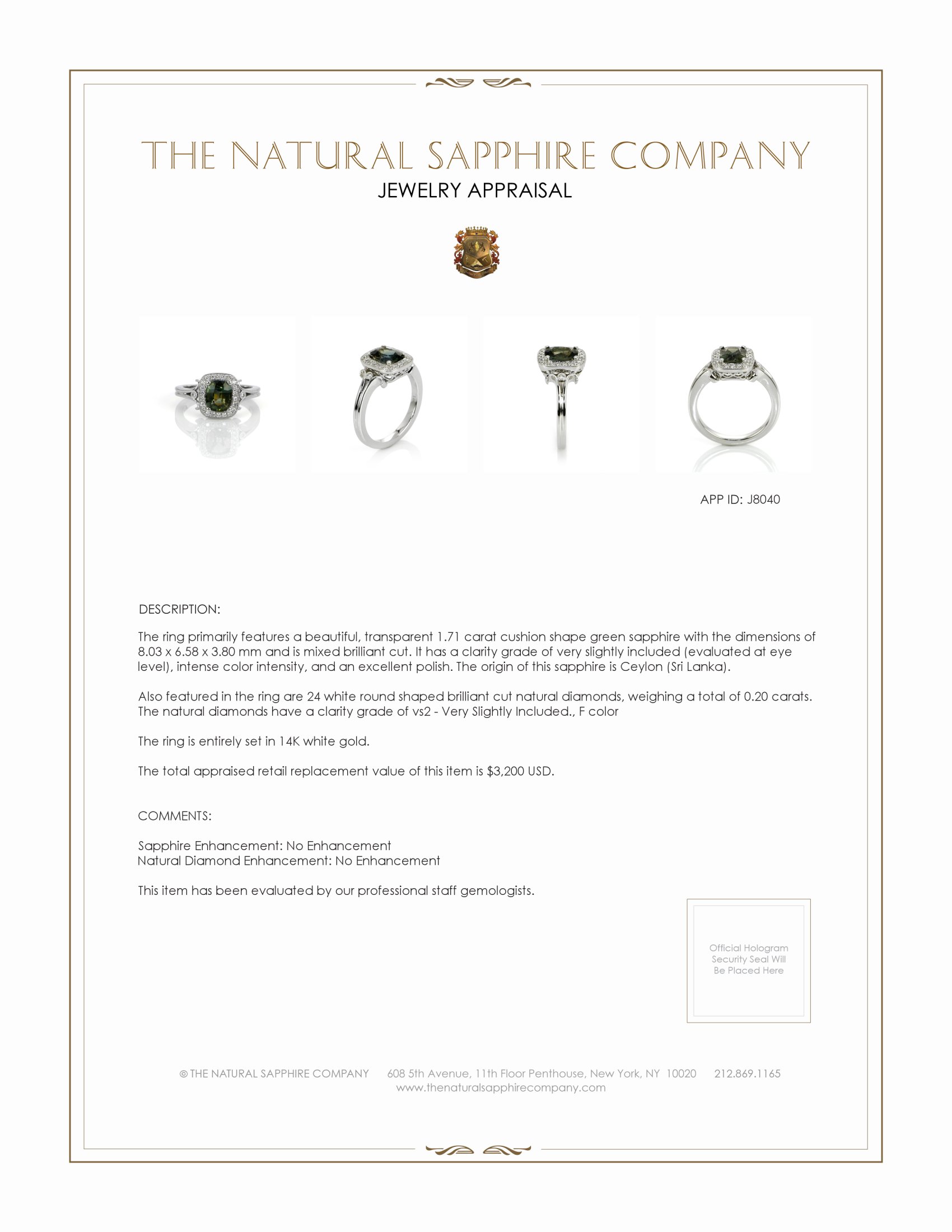 1.71 Ct. Green Sapphire and Natural Diamond Antique Style Ring, 14K White Gold