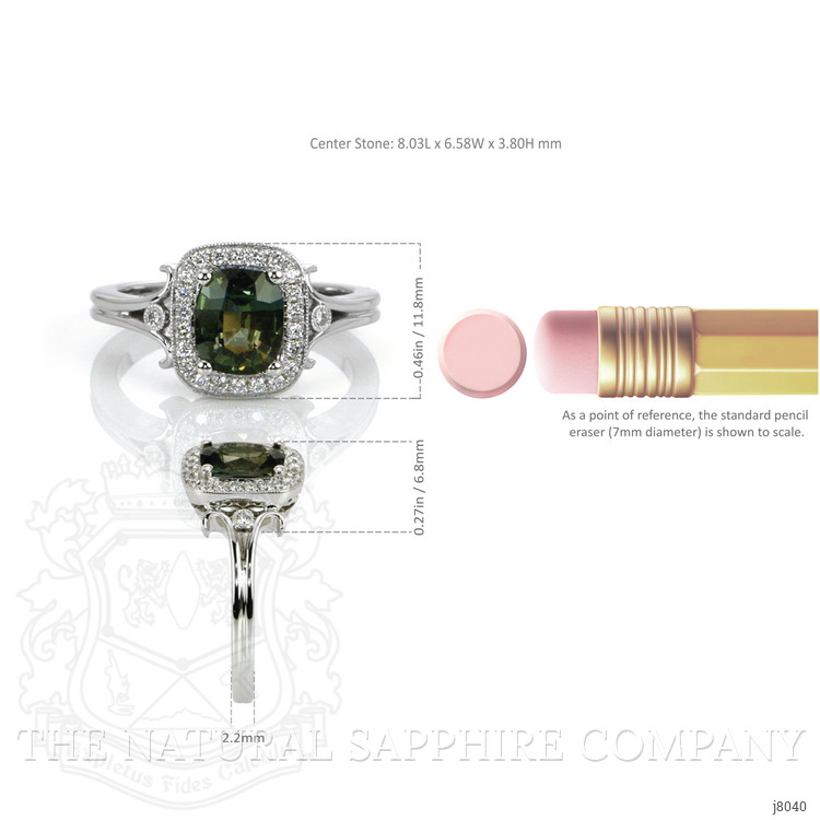 1.71 Ct. Green Sapphire and Natural Diamond Antique Style Ring, 14K White Gold