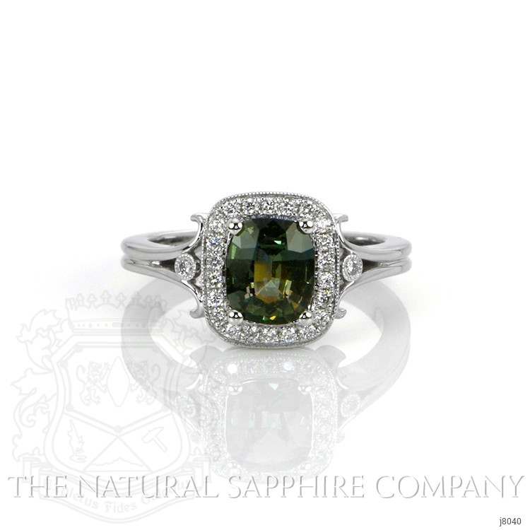 1.71 Ct. Green Sapphire and Natural Diamond Antique Style Ring, 14K White Gold