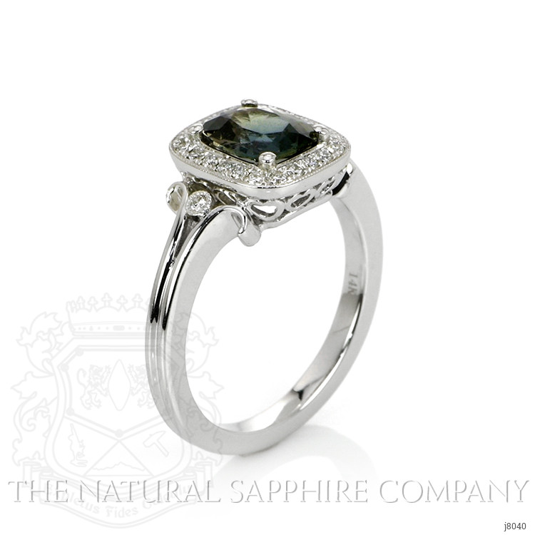 1.71 Ct. Green Sapphire and Natural Diamond Antique Style Ring, 14K White Gold