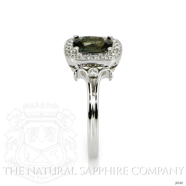 1.71 Ct. Green Sapphire and Natural Diamond Antique Style Ring, 14K White Gold