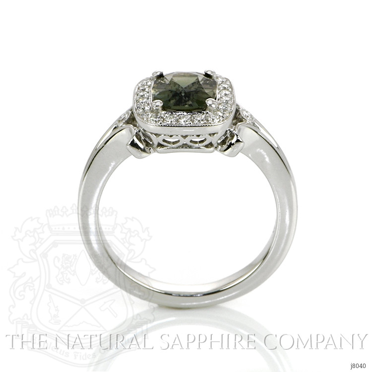 1.71 Ct. Green Sapphire and Natural Diamond Antique Style Ring, 14K White Gold