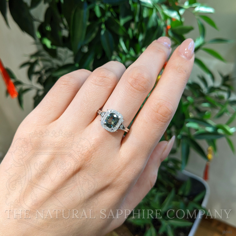 1.71 Ct. Green Sapphire and Natural Diamond Antique Style Ring, 14K White Gold