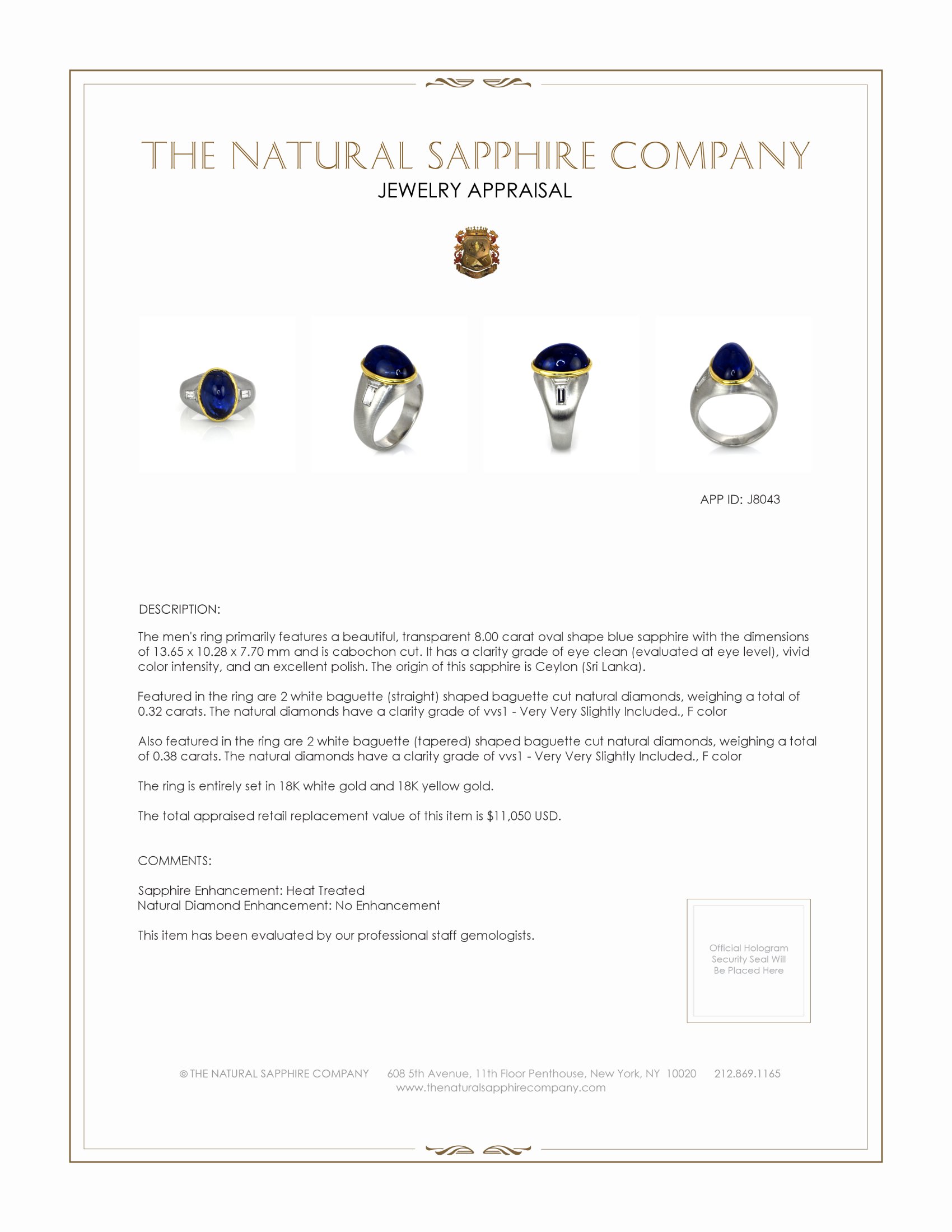 8.00 Ct. Blue Sapphire and Natural Diamond Men's Ring, 18K White & Yellow