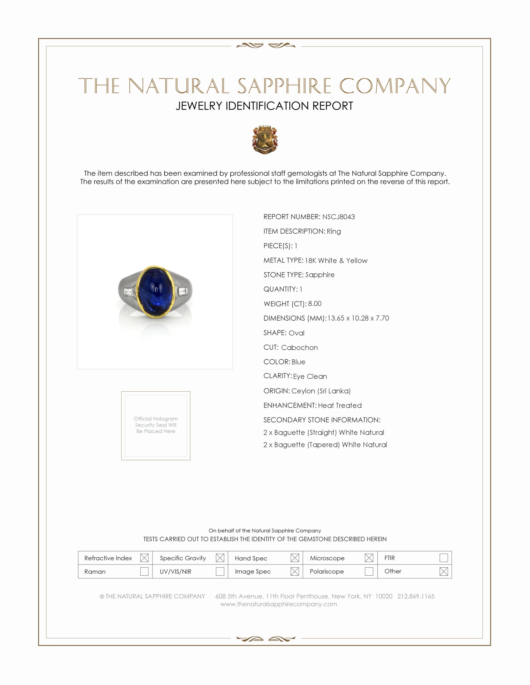 8.00 Ct. Blue Sapphire and Natural Diamond Men's Ring, 18K White & Yellow