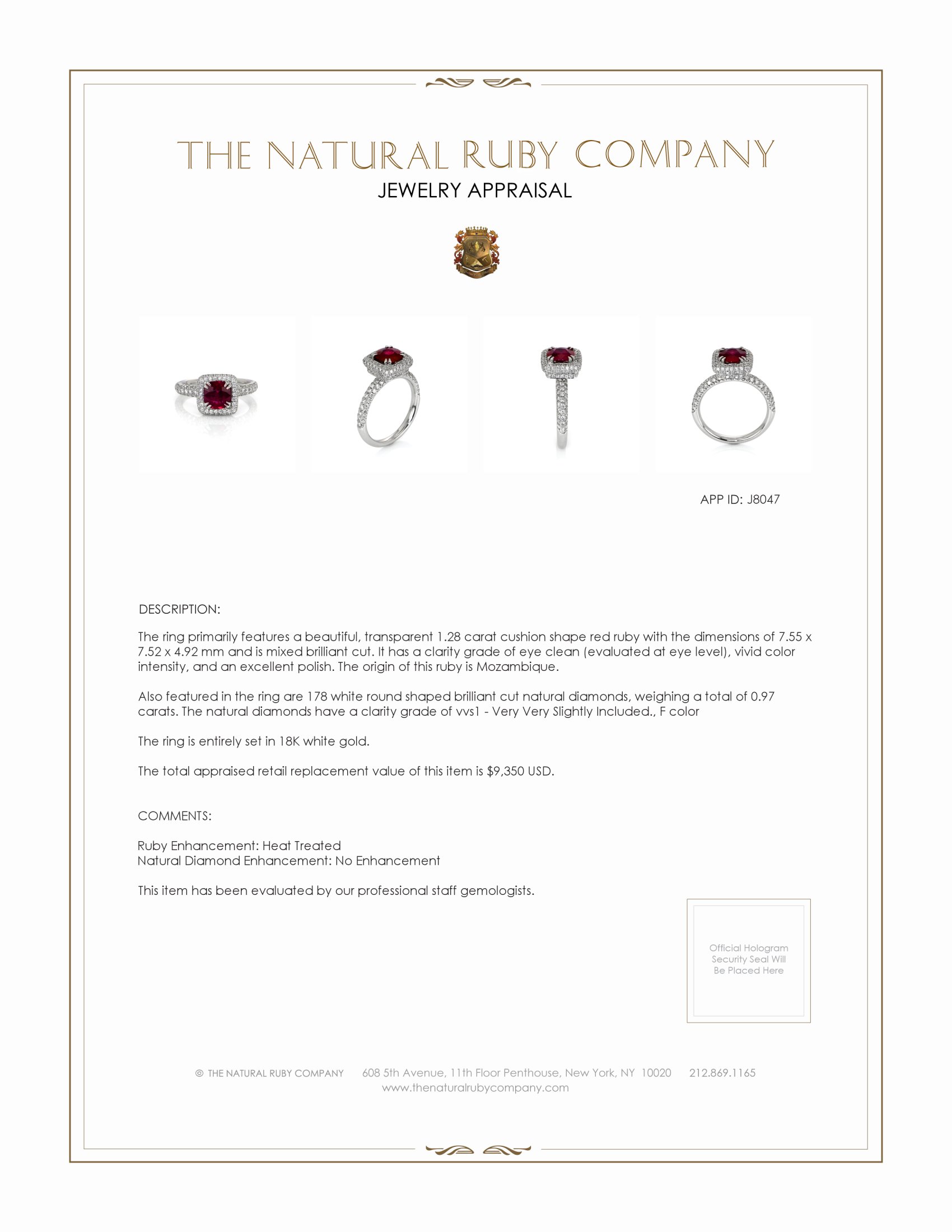 1.28 Ct. Ruby and Natural Diamond Pave Ring, 18K White Gold