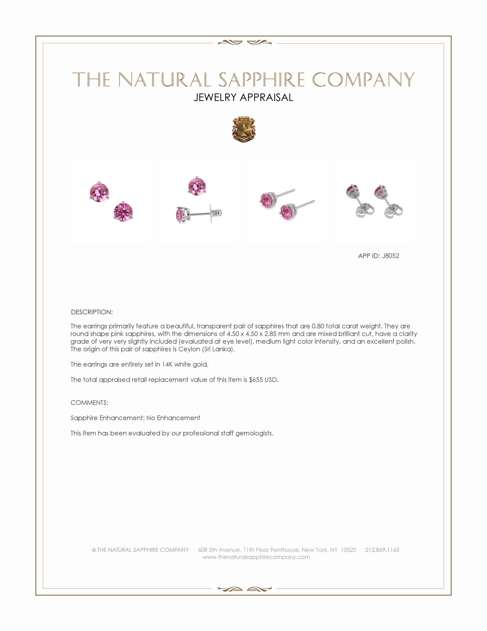 0.80 Ct.Tw. Pink Sapphire Studs Earrings, 14K White Gold